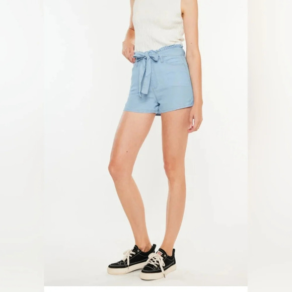 KanCan size XL light blue ultra high rise belted paper bag shorts - Picture 4 of 9